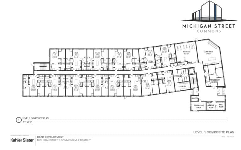 Full floor plan layout of level 1 at Michigan St. Commons in Milwaukee, WI
