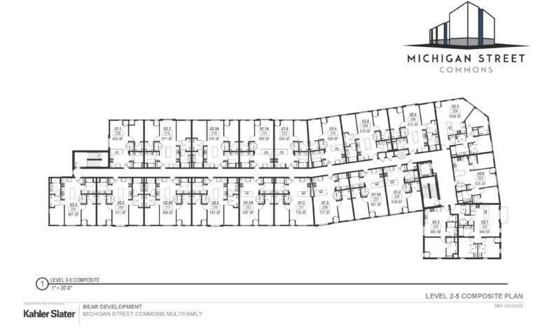 Full floor plan layout of levels 2-5 at Michigan St. Commons in Milwaukee, WI