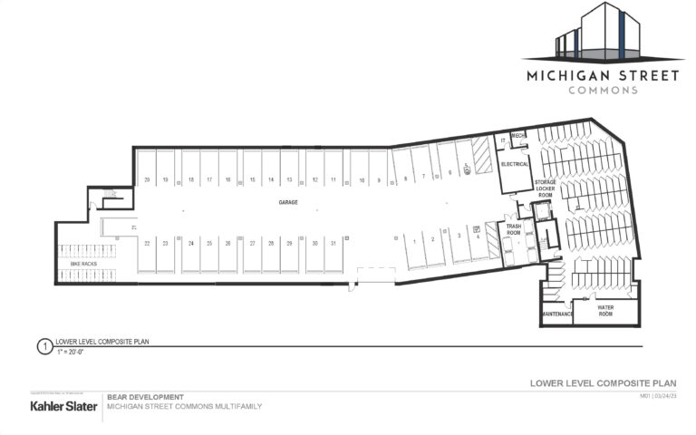 Full layout of parking garage and storage - Lower level of Michigan St. Commons in Milwaukee, WI