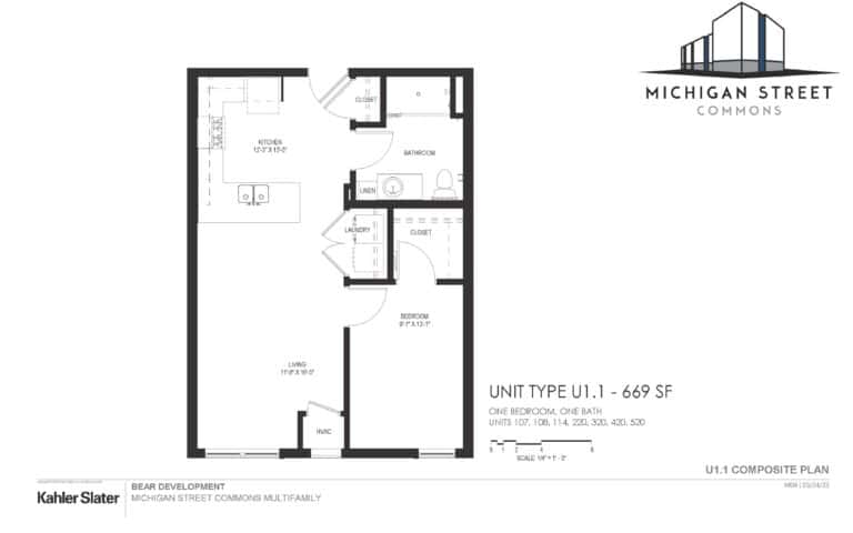 One bedroom, one bathroom open concept floor plan - Michigan Street Commons in Milwaukee, Wisconsin