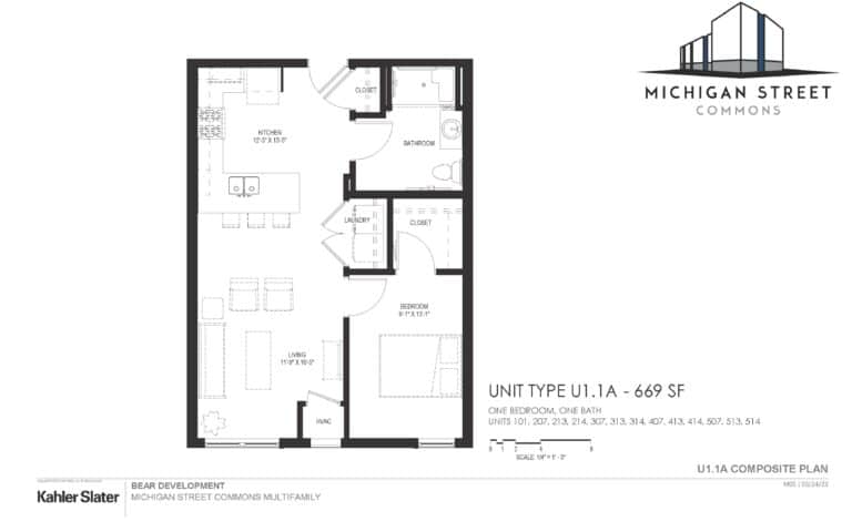One bedroom, one bathroom floor plan - Michigan Street Commons in Milwaukee, Wisconsin