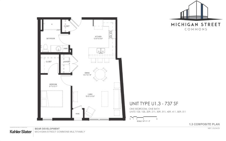 One bedroom, one bathroom apartment floor plan with open living and dining areas - Michigan Street Commons in Milwaukee, Wisconsin