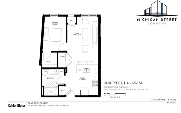 One bedroom, one bathroom apartment w/d in unit floor plan - Michigan Street Commons in Milwaukee, Wisconsin