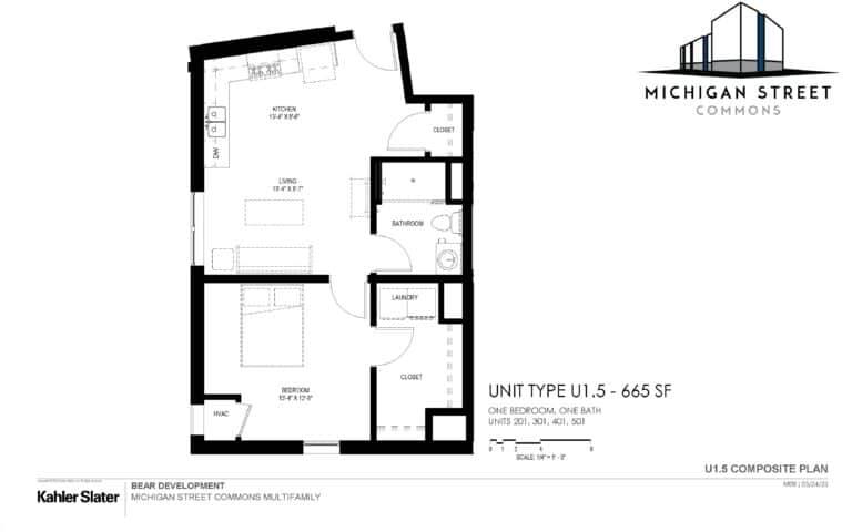 One bedroom, one bathroom apartment floor plan - Michigan Street Commons in Milwaukee, Wisconsin