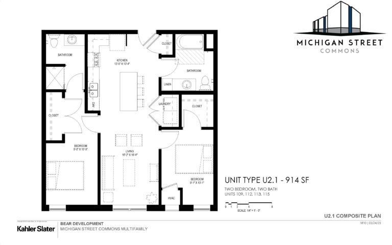 Two bedroom, two bathroom open concept floor plan with master bathroom - Michigan Street Commons in Milwaukee, Wisconsin