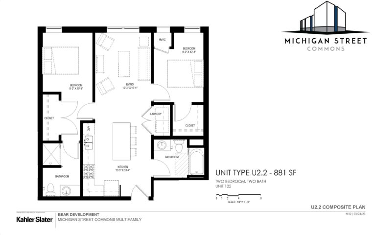 Two bedroom, two bathroom open concept apartment floor plan - Michigan Street Commons in Milwaukee, Wisconsin