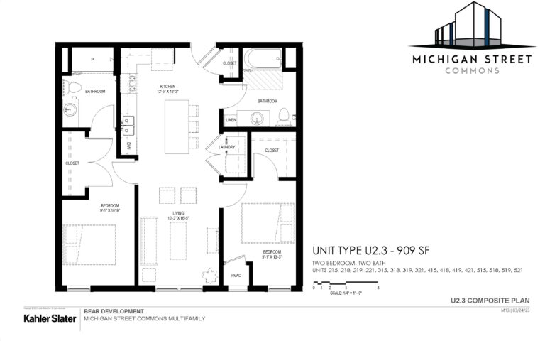 Two bedroom, two bathroom open concept apartment floor plan with master bathroom - Michigan Street Commons in Milwaukee, Wisconsin