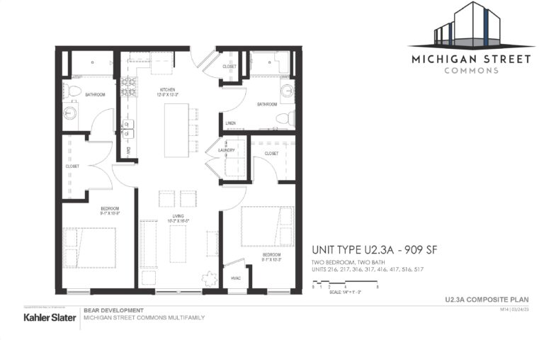Two bedroom, two bathroom apartment floor plan with master bathroom - Michigan Street Commons in Milwaukee, Wisconsin