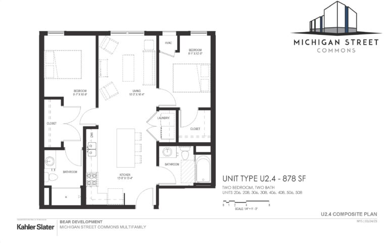 Two bedroom, two bathroom apartment floor plan at Michigan Street Commons in Milwaukee, Wisconsin