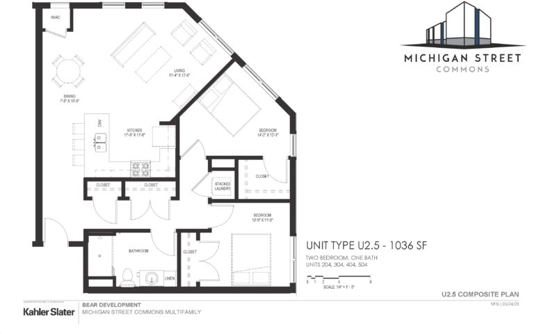 Two bedroom, one bathroom apartment floor plan at Michigan Street Commons in Milwaukee, Wisconsin
