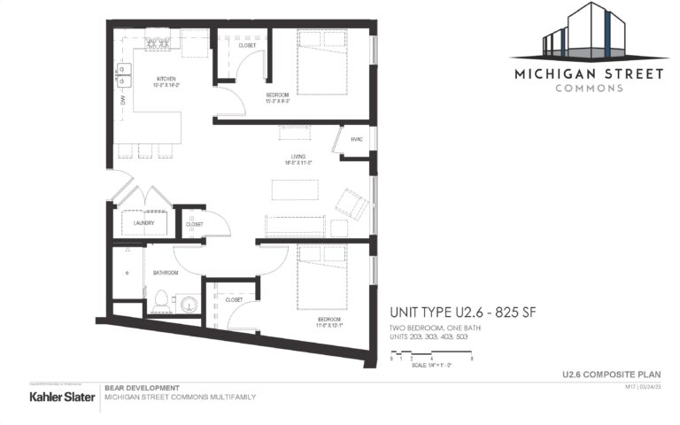 Two bedroom, one bathroom apartment floor plan at Michigan Street Commons in Milwaukee, Wisconsin