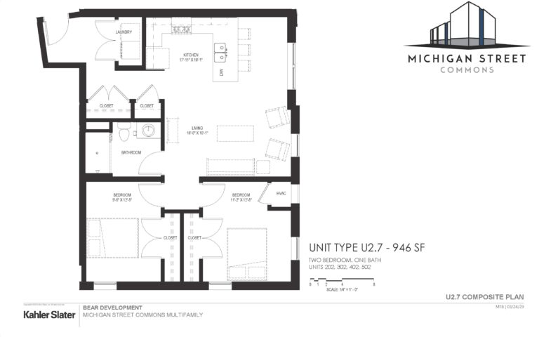 Two bedroom, one bathroom apartment floor plan - Michigan Street Commons in Milwaukee, Wisconsin